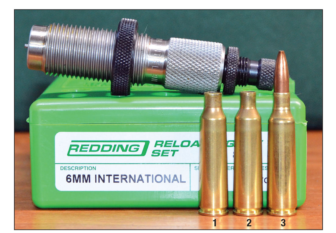 (1) A Lapua 22-250 case necked up to .25 caliber, (2) a Lapua case necked down with Redding 6mm International full-length sizing die with just enough secondary shoulder left on the case for a snug fit when the bolt of the test rifle was closed on a loaded round and (3) a loaded 6mm International round with a neck diameter of .269 inch.